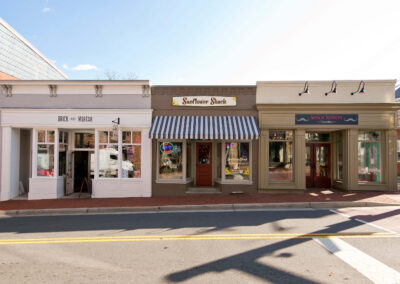 Pictured here are three storefronts in historic downtown Leesburg, Virginia, restored and preserved by Vintage, Inc. The three stores are the Brick & Mortar, Sunflower Shack, and Señor Ramon Taqueria. These restorations used a combination of masonry and millwork.